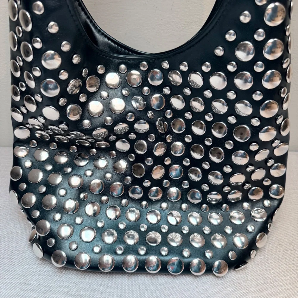 Black Studded Hobo Bag with Silver Accents - Picture 3 of 12